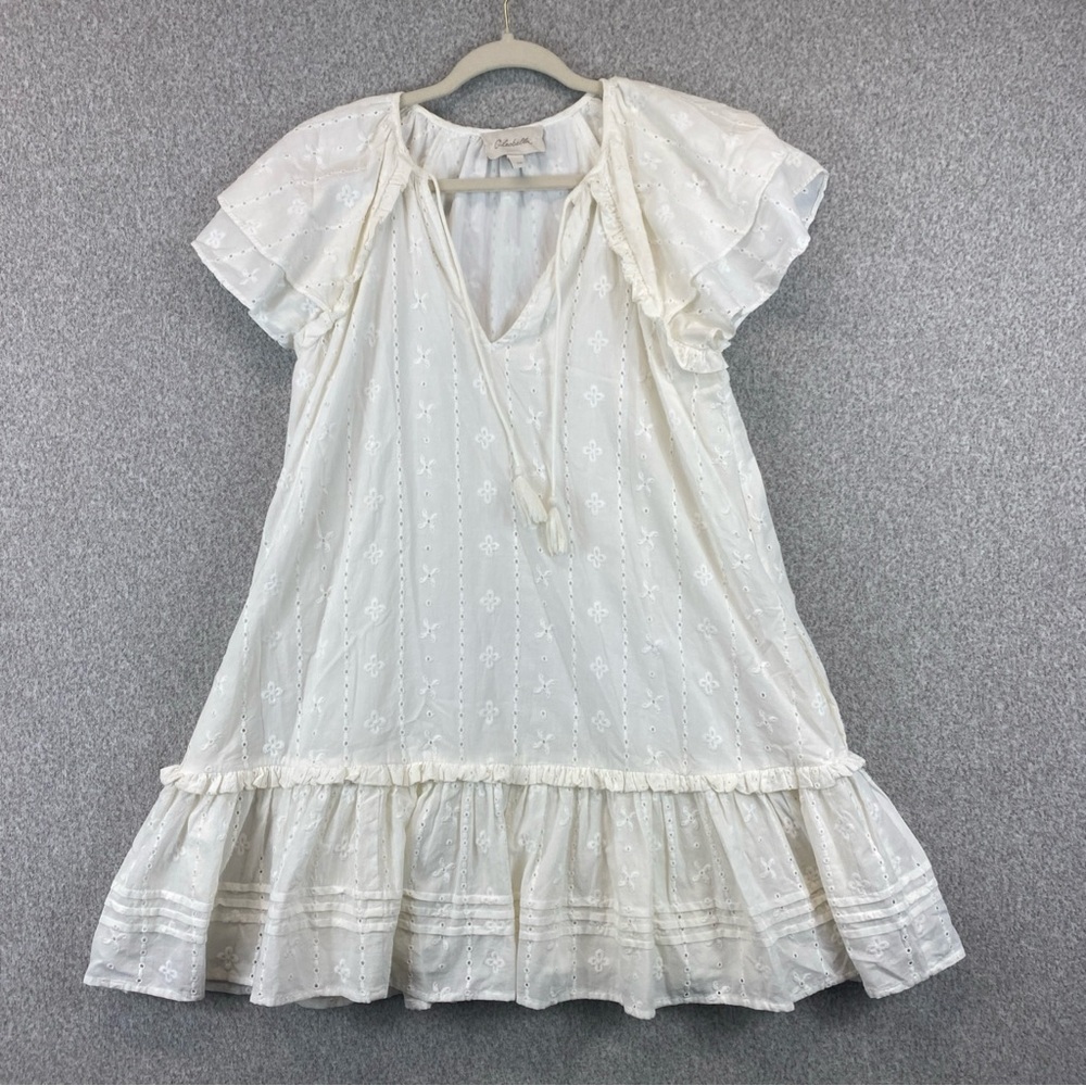 Cleobella Babydoll Mini Dress Size XS Eyelet Flutter Short Sleeve Cream Organic